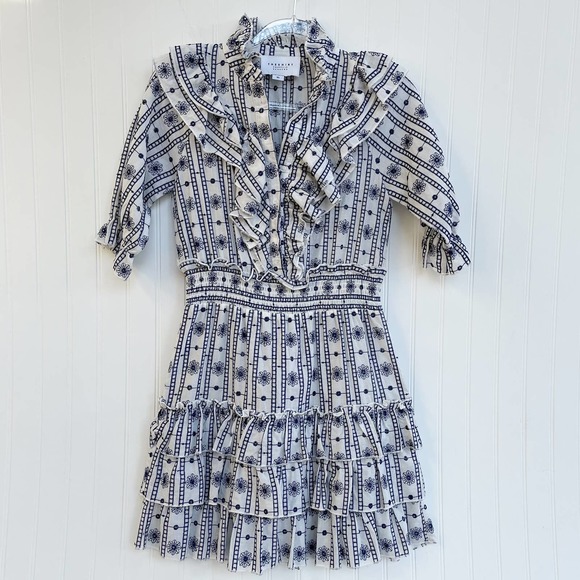 The Shirt Rochelle Behrens Dress Smock Ruffle Navy White Aztek Floral Mini - Picture 1 of 6